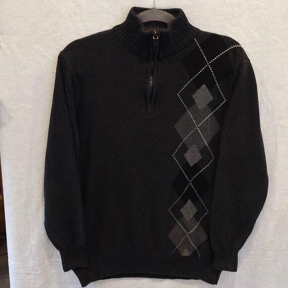 OSCAR DE LA RENTA Men's Sweater Pullover 1/4zip Argyle Charcoal Grey Grandpa Dad - Picture 1 of 6